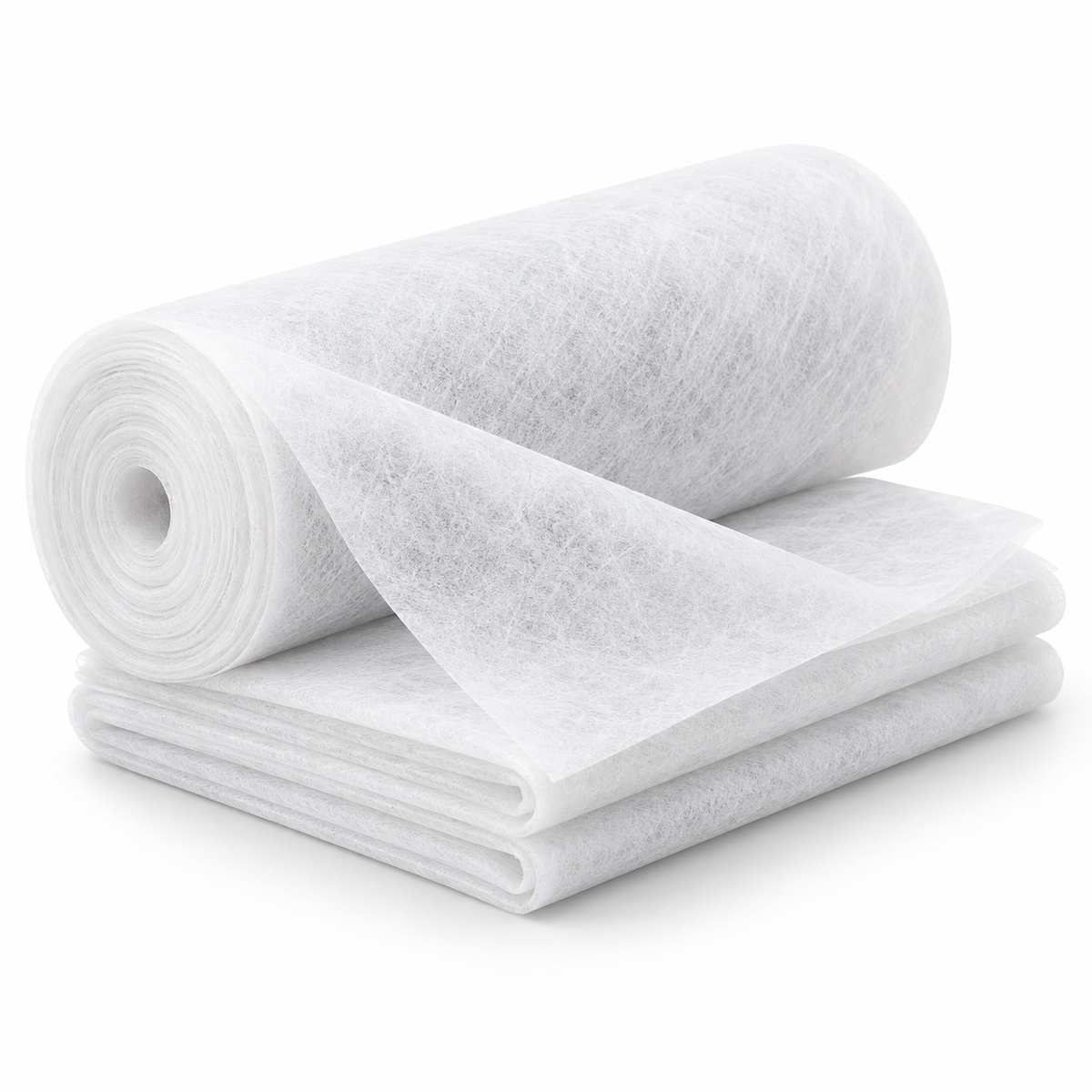 White nonwoven polypropylene frost protection cloth roll and folded fabric on a clean white background.