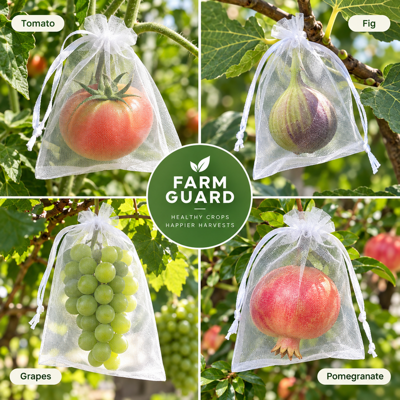 White drawstring fruit protection mesh bags used on tomato, fig, grapes and pomegranate.