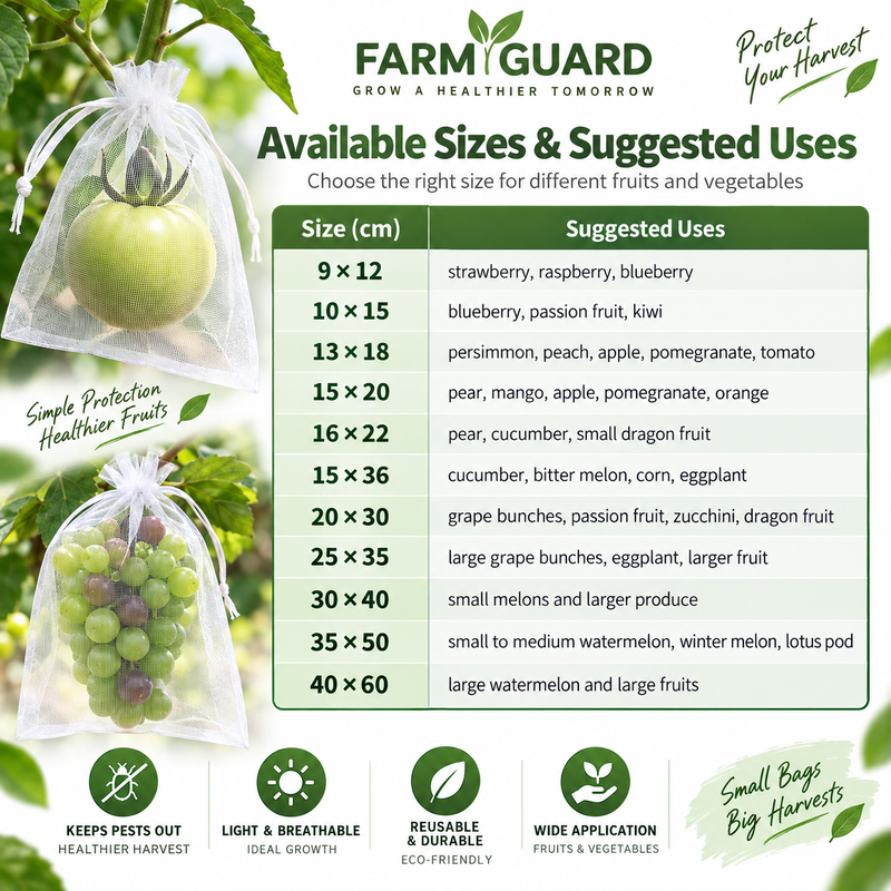 Fruit protection mesh bag size guide with listed centimetre sizes and suggested crop uses.