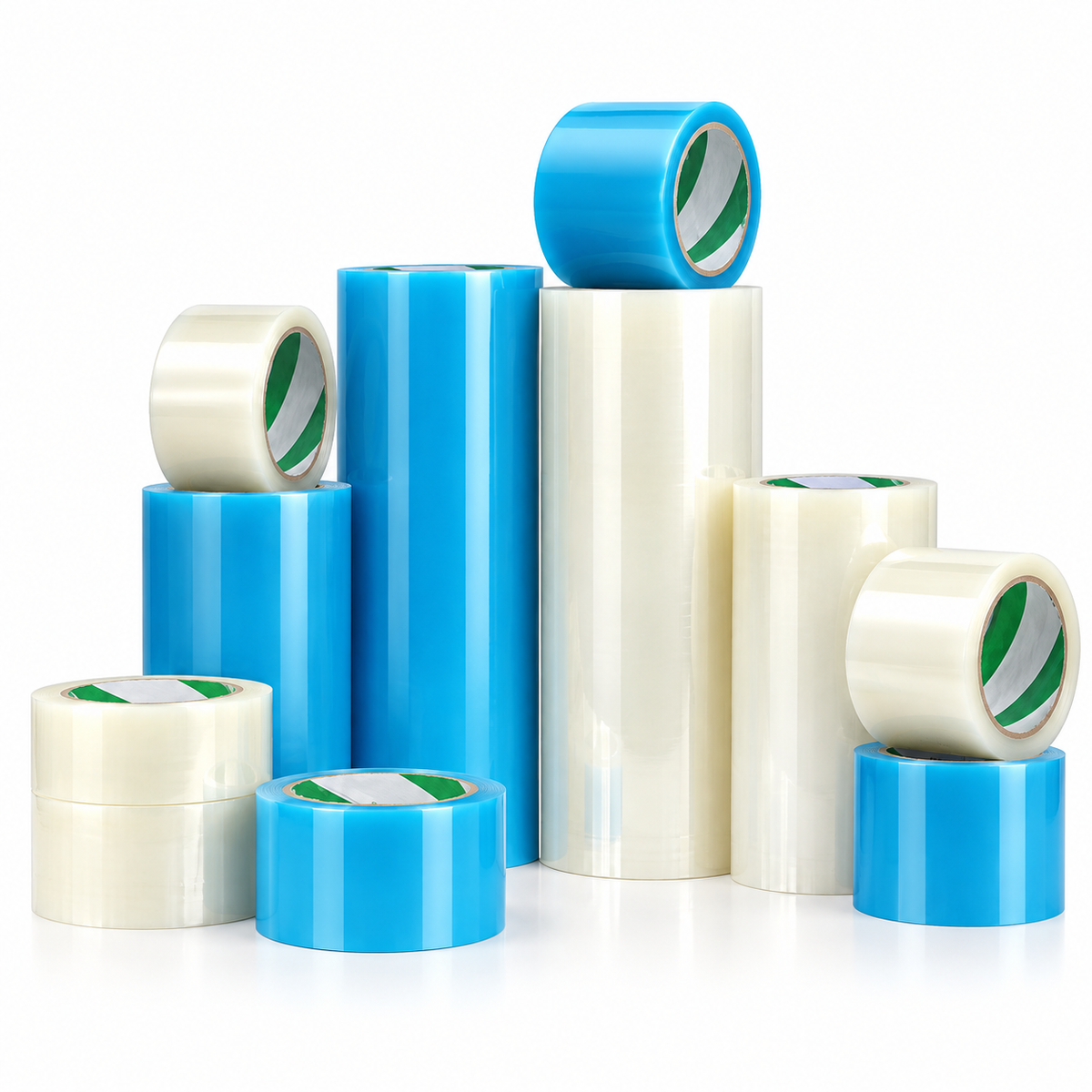 Blue and transparent greenhouse repair tape rolls arranged on a clean white background.
