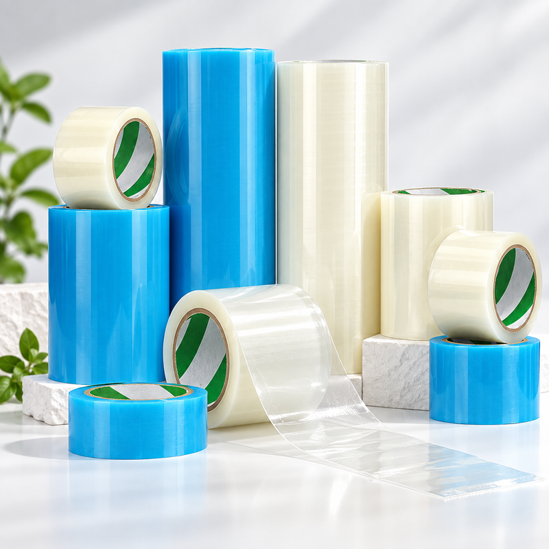 Blue and transparent greenhouse repair tape rolls shown in a clean commercial product arrangement.
