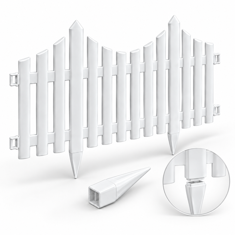 White PVC garden border fence with removable ground stake detail.