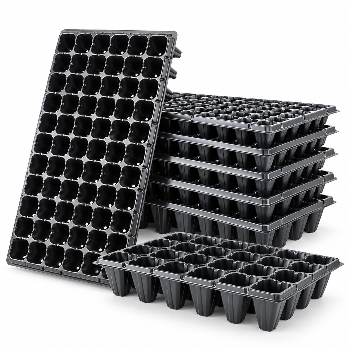 Black seedling plug trays in multiple cell formats arranged on a clean white background.