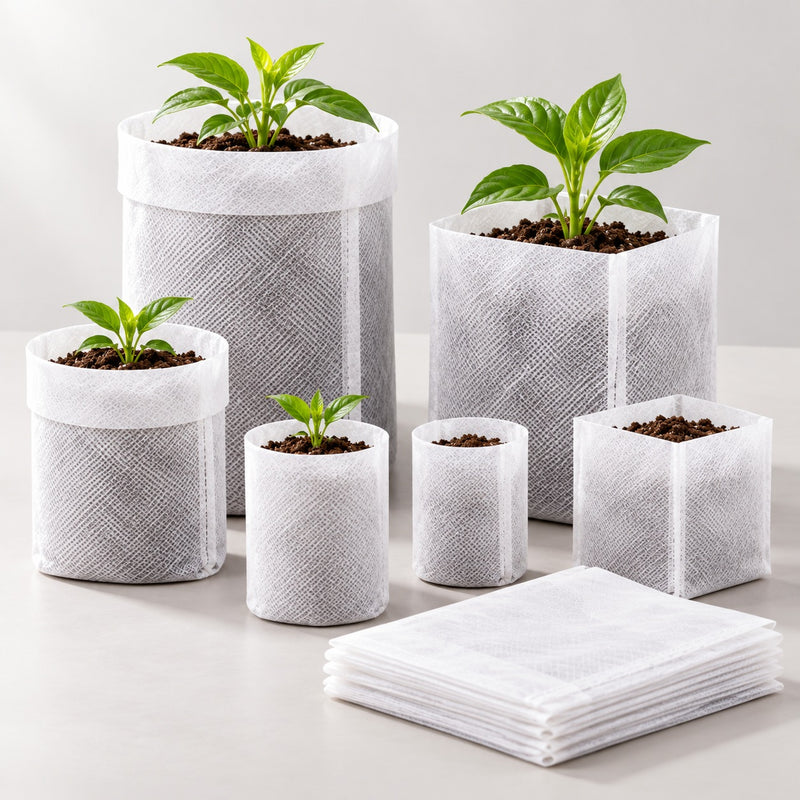 Illustrative open and folded white nursery bags; not a size-scale or mixed-size pack.