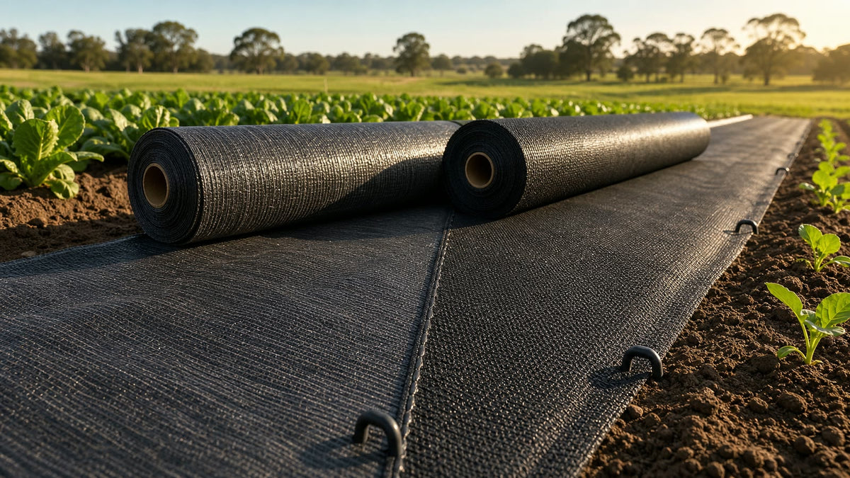 100 GSM and 130 GSM woven weed mat installed on Australian farm soil