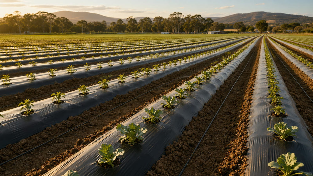 Agricultural mulch film installed over commercial vegetable rows