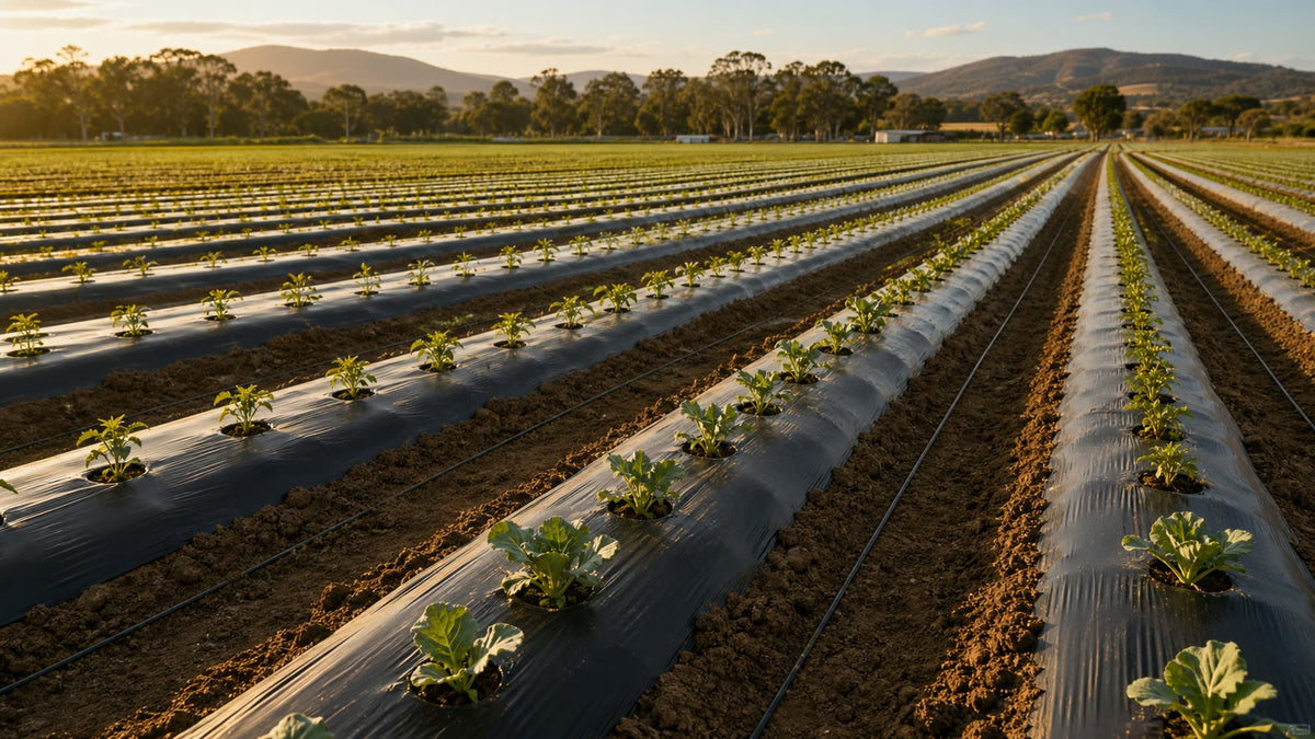 Agricultural mulch film installed over commercial vegetable rows