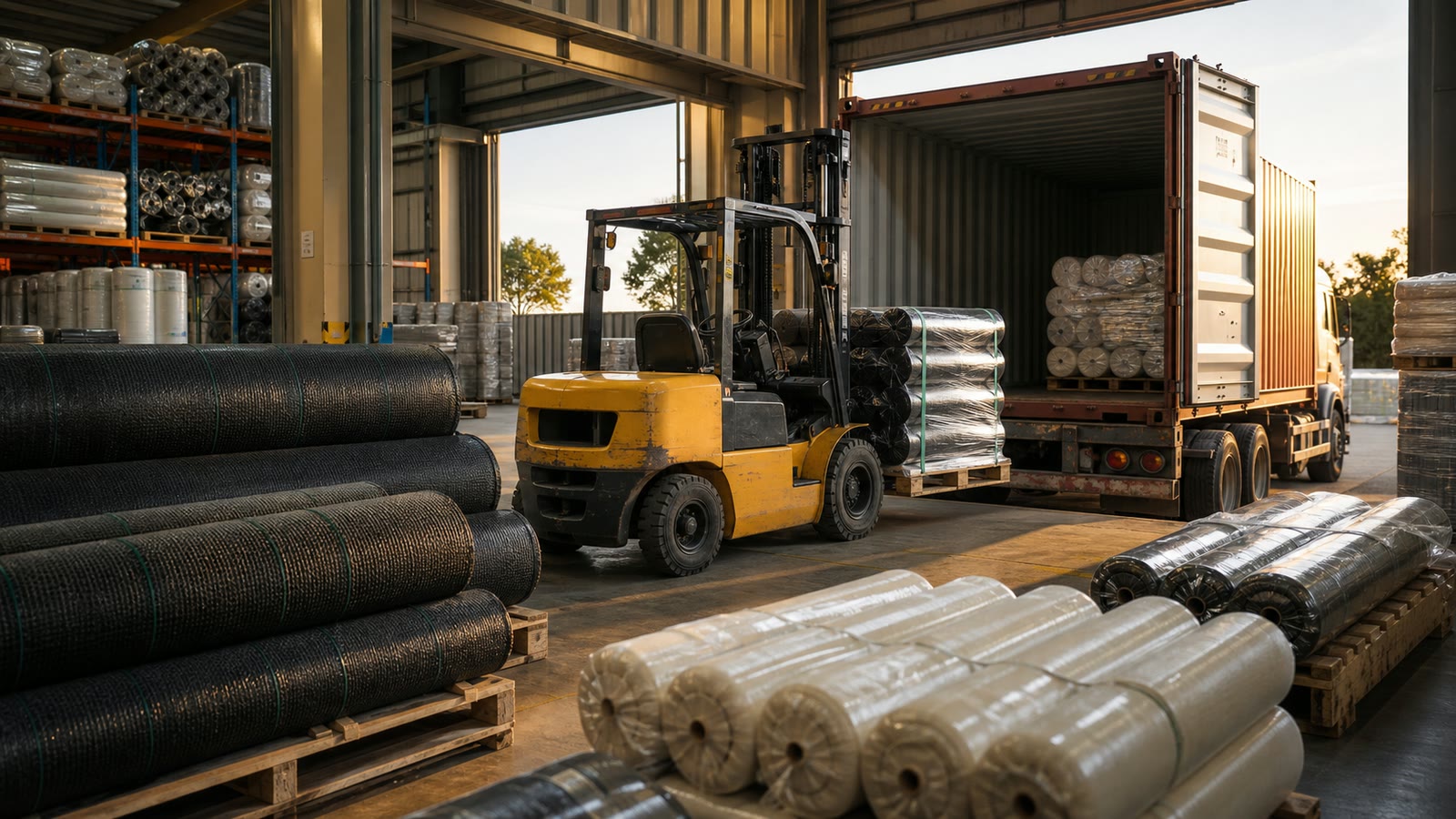 Wholesale agricultural fabric rolls prepared for container shipment