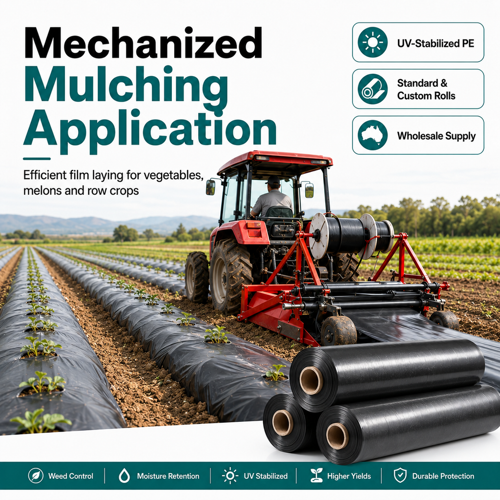 Mechanized application of black PE mulch film for vegetables, melons and commercial row crops