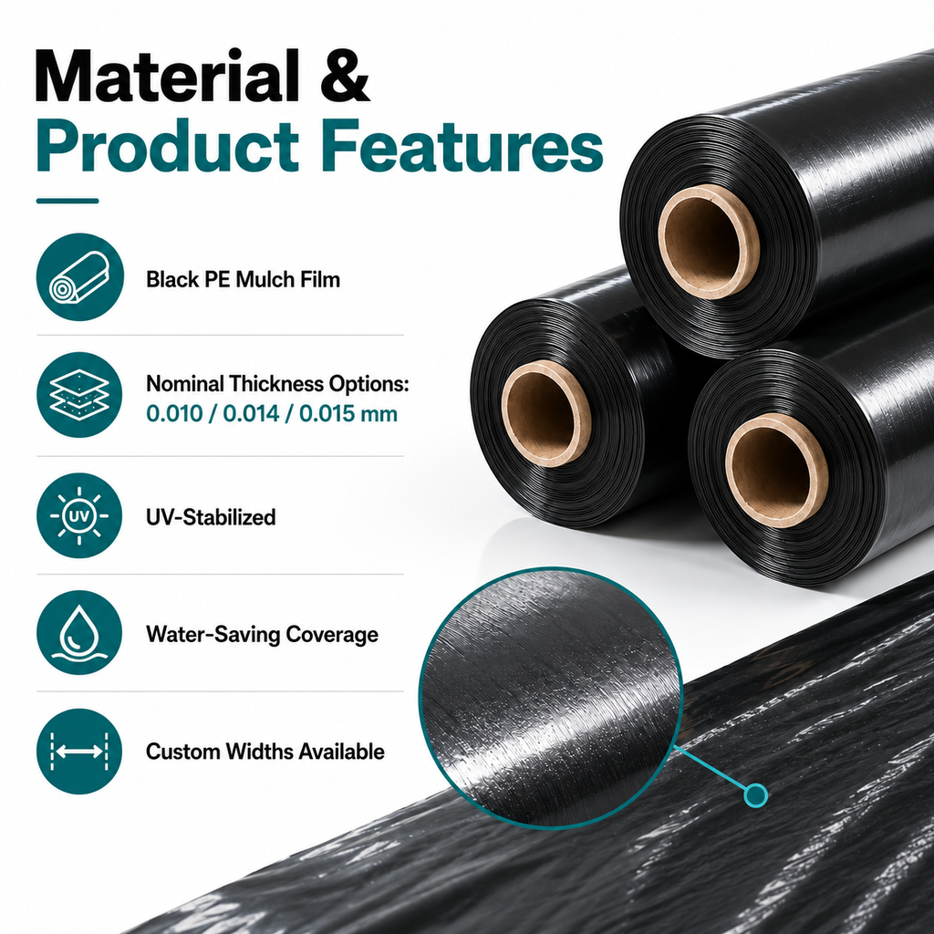 Black PE mulch film material features, nominal thickness options and custom widths