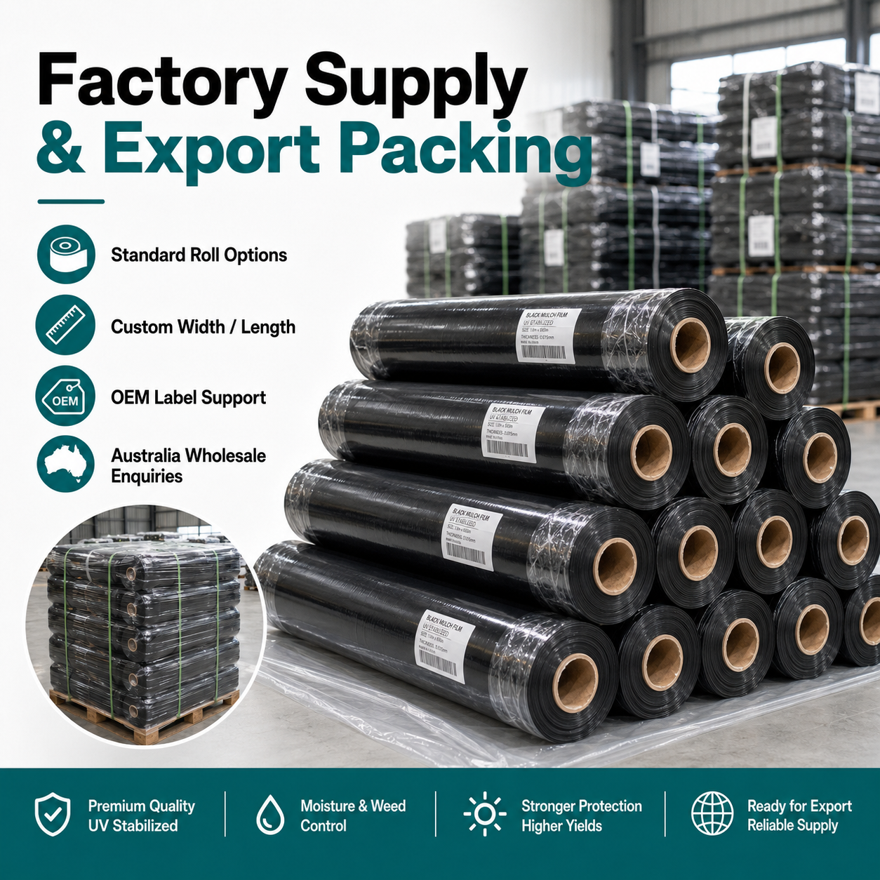 Black agricultural mulch film standard size guide for 10, 14 and 15 micron roll options