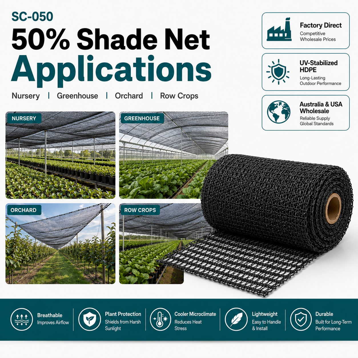 50% Knitted HDPE Shade Net | Crop & Greenhouse Cover – SC-050