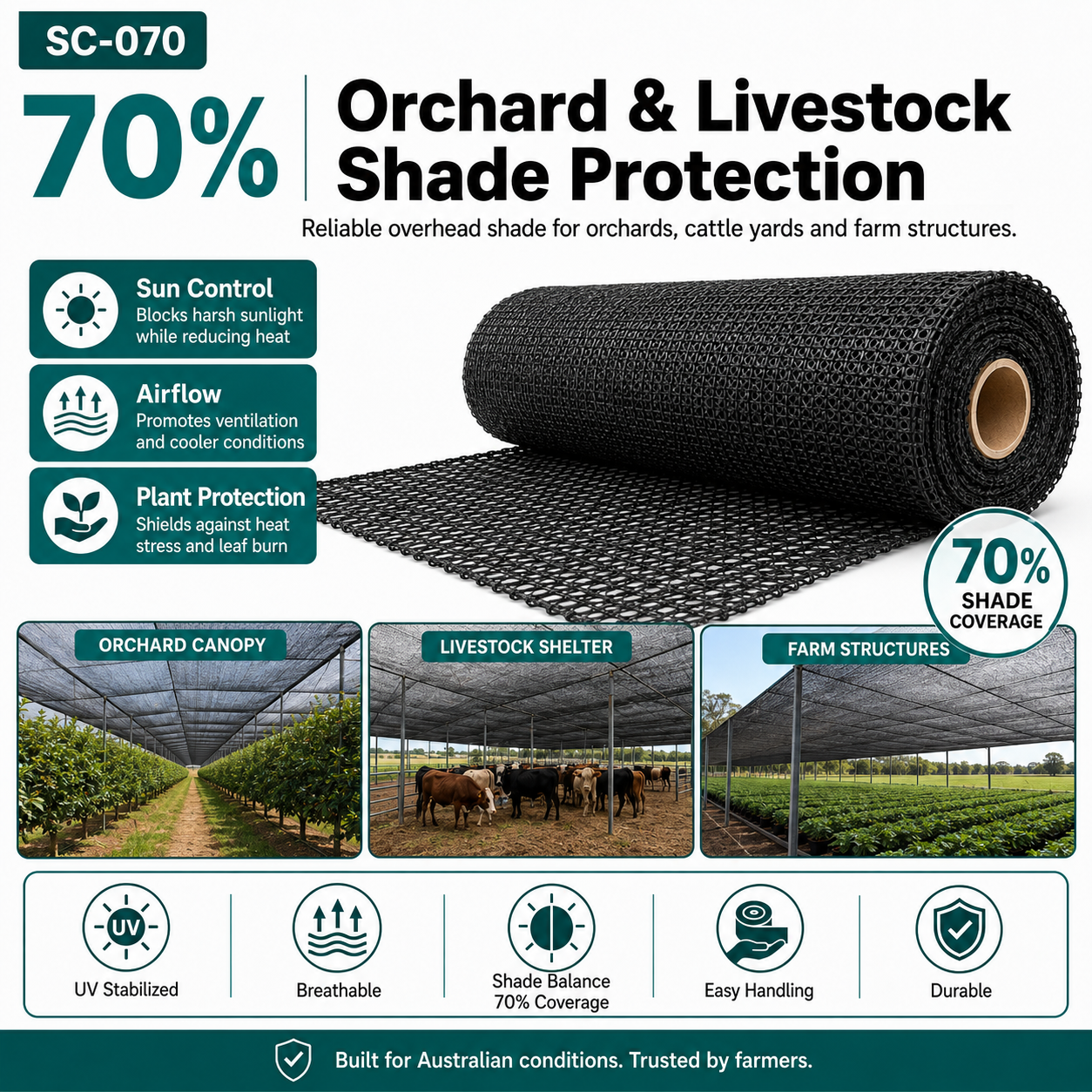 70% Heavy-Duty HDPE Shade Net | Nursery & Livestock Screen – SC-070