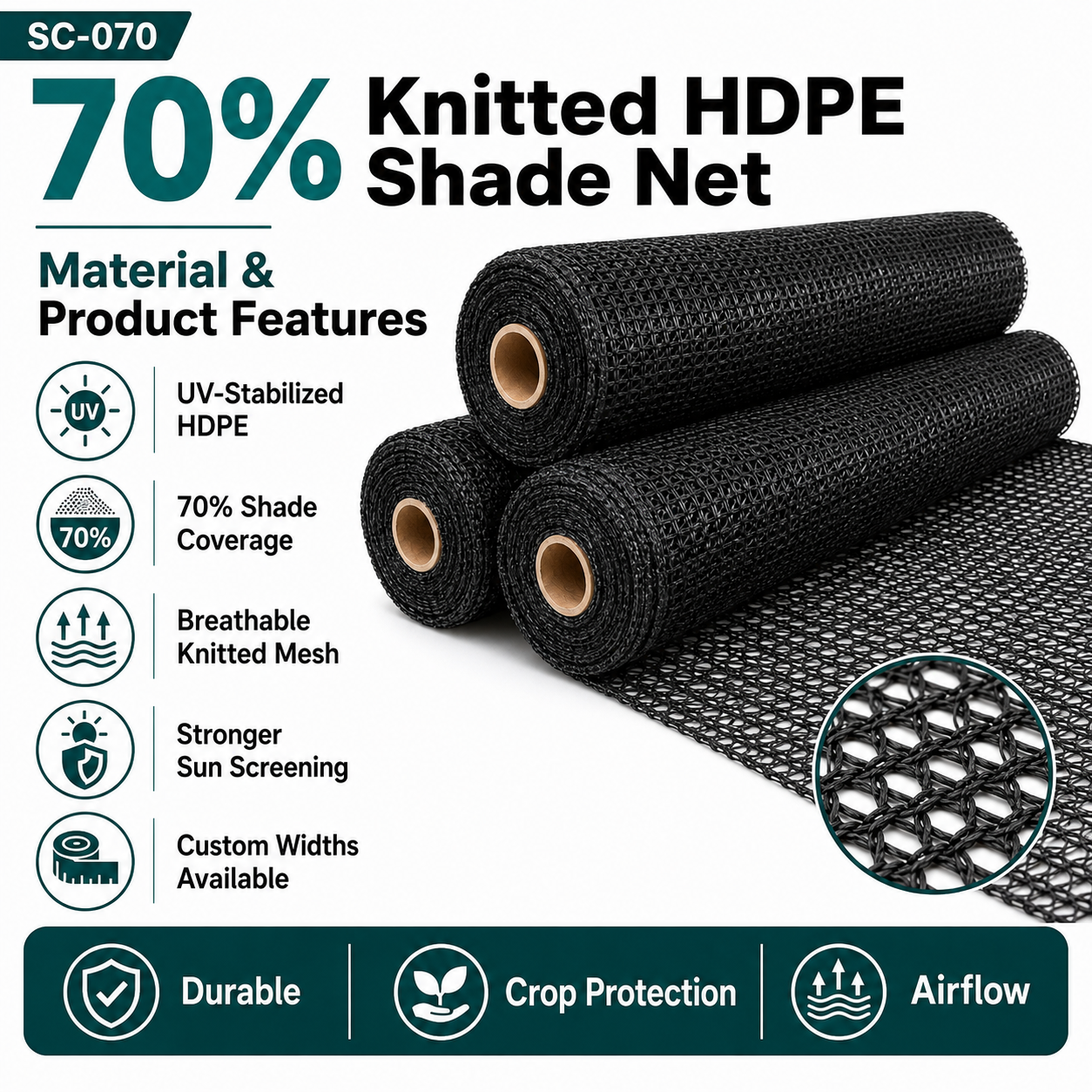 70% Heavy-Duty HDPE Shade Net | Nursery & Livestock Screen – SC-070