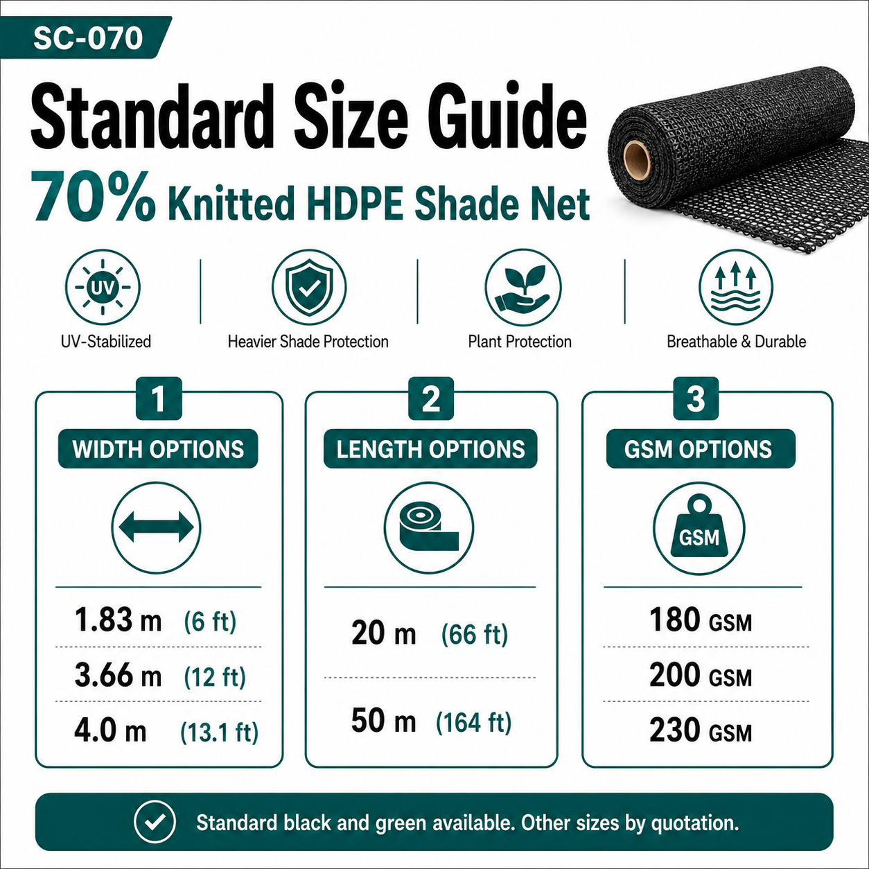 70% Heavy-Duty HDPE Shade Net | Nursery & Livestock Screen – SC-070