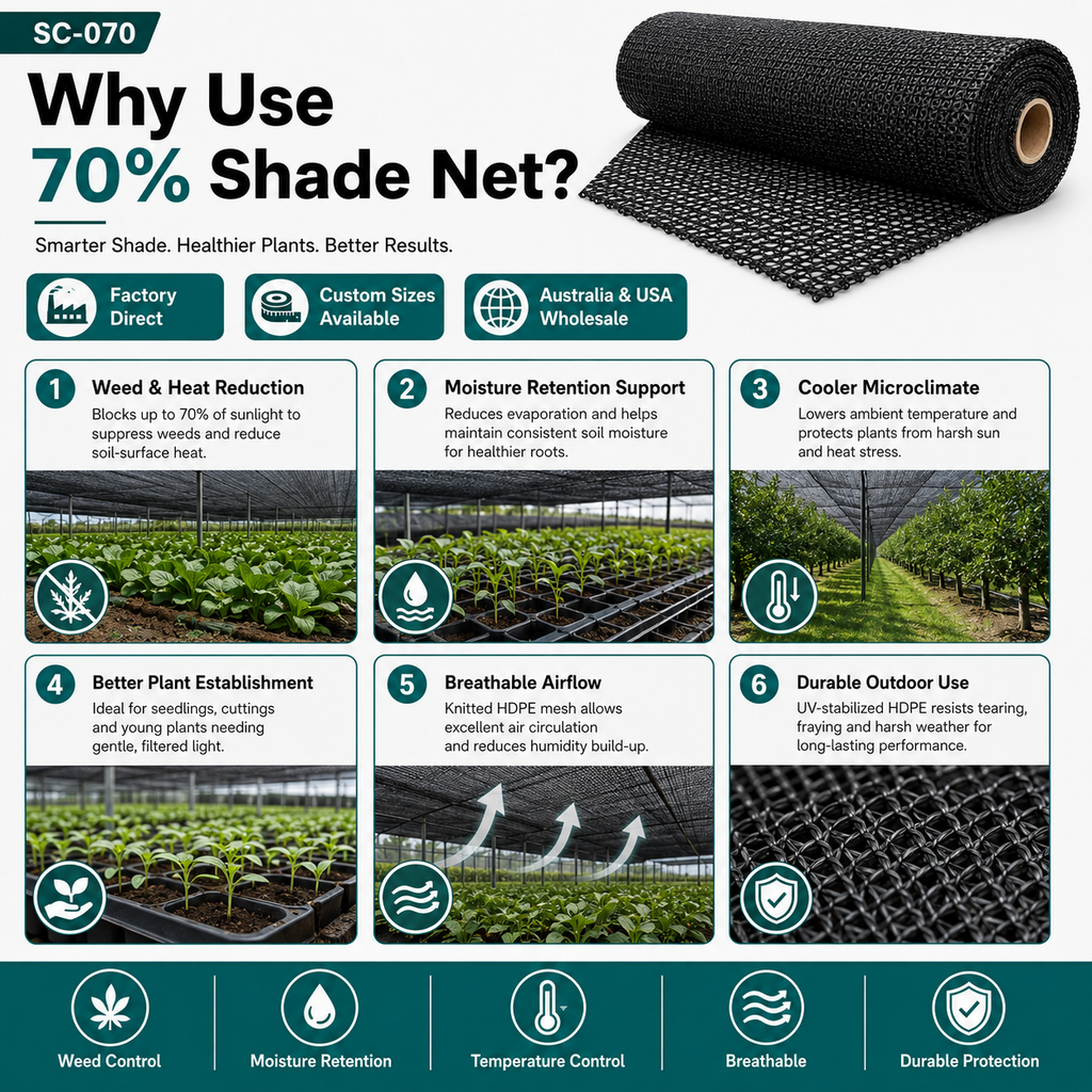 70% Heavy-Duty HDPE Shade Net | Nursery & Livestock Screen – SC-070
