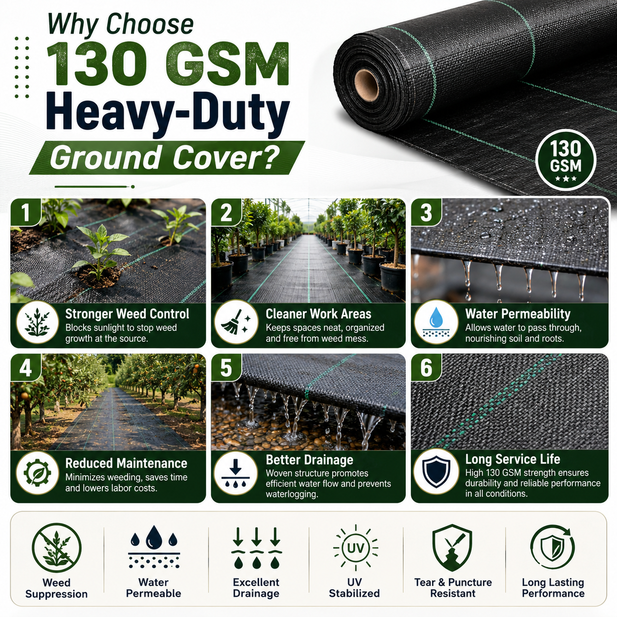 130 GSM Heavy-Duty Woven PP Ground Cover | Weed Barrier – GC-130