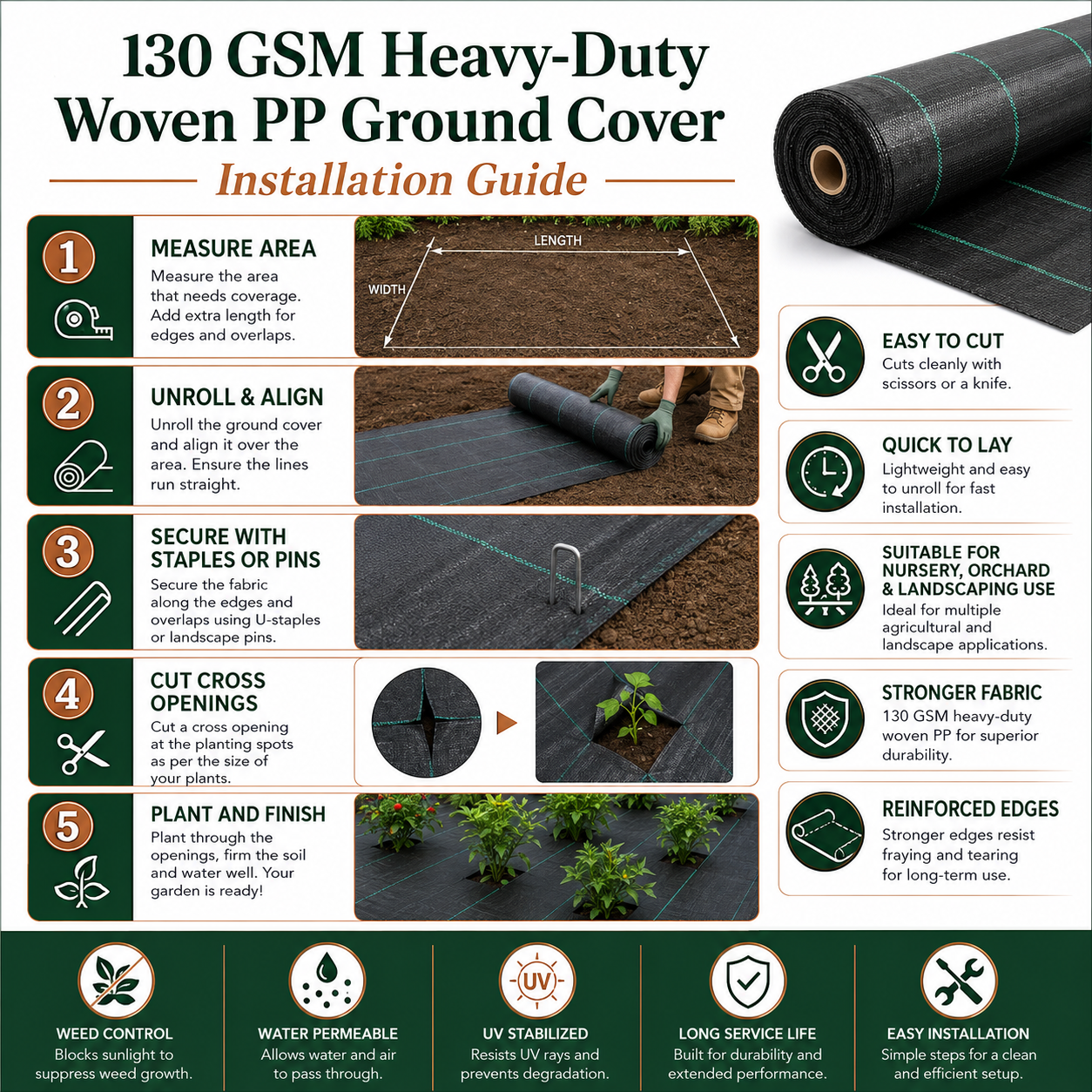 130 GSM Heavy-Duty Woven PP Ground Cover | Weed Barrier – GC-130