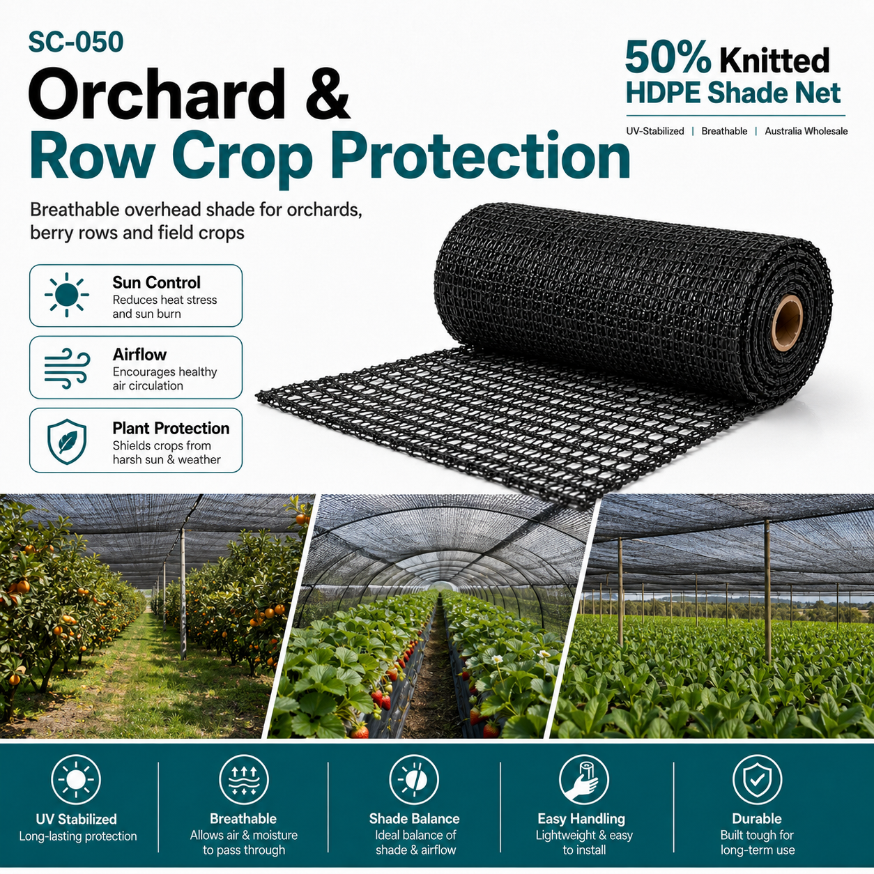 50% Knitted HDPE Shade Net | Crop & Greenhouse Cover – SC-050