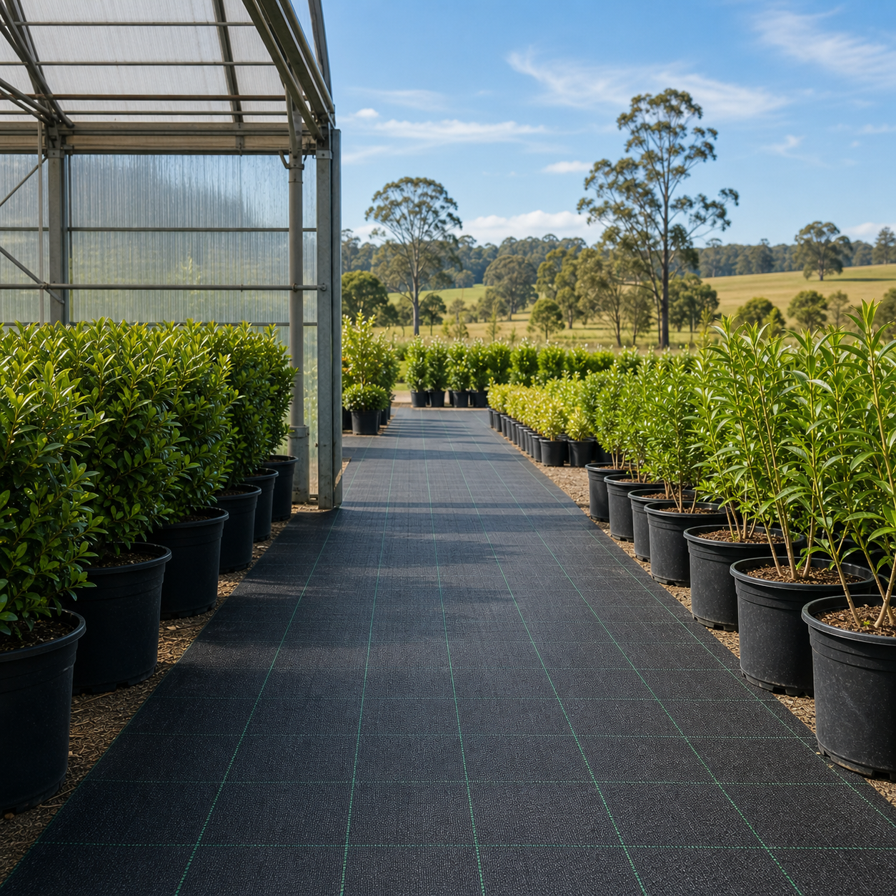Black woven GC-100 weed-control fabric installed in orchard and landscape rows