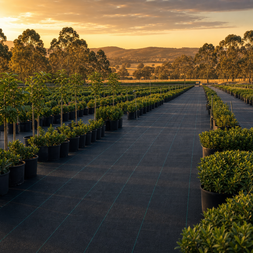 Installing GC-130 heavy-duty woven weed barrier with secured edges and planting rows
