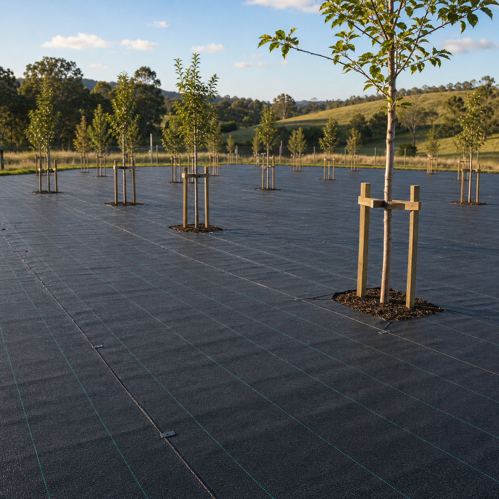 Heavy-duty GC-130 woven weed-control fabric used in orchard and landscape rows
