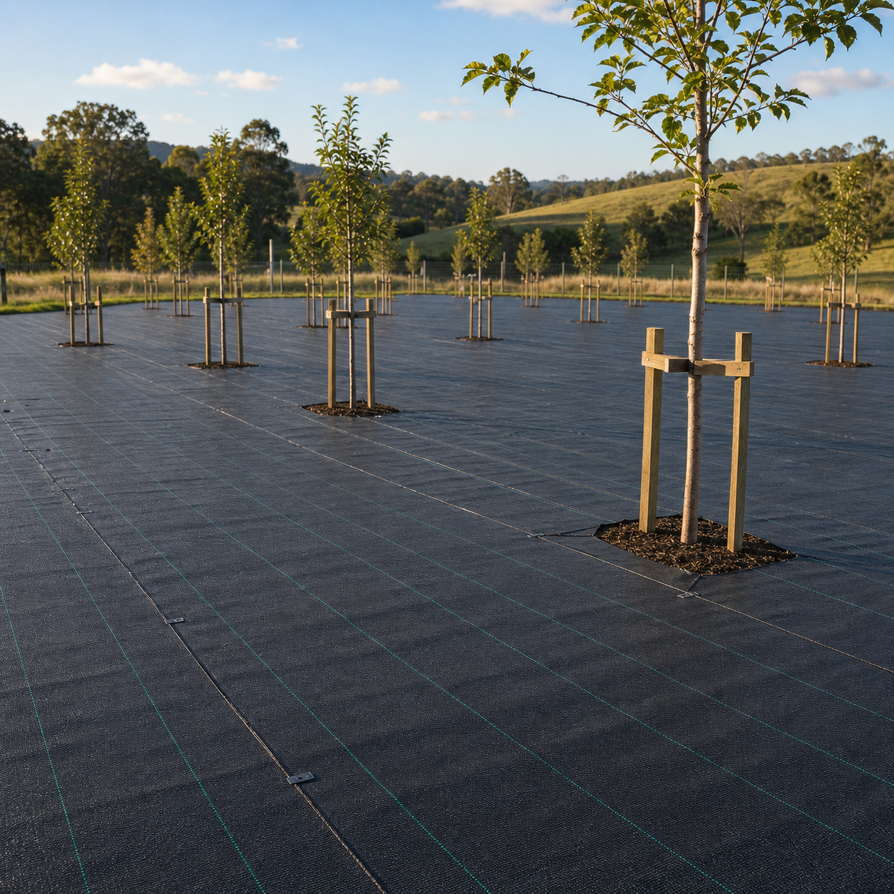 Heavy-duty GC-130 woven weed-control fabric used in orchard and landscape rows