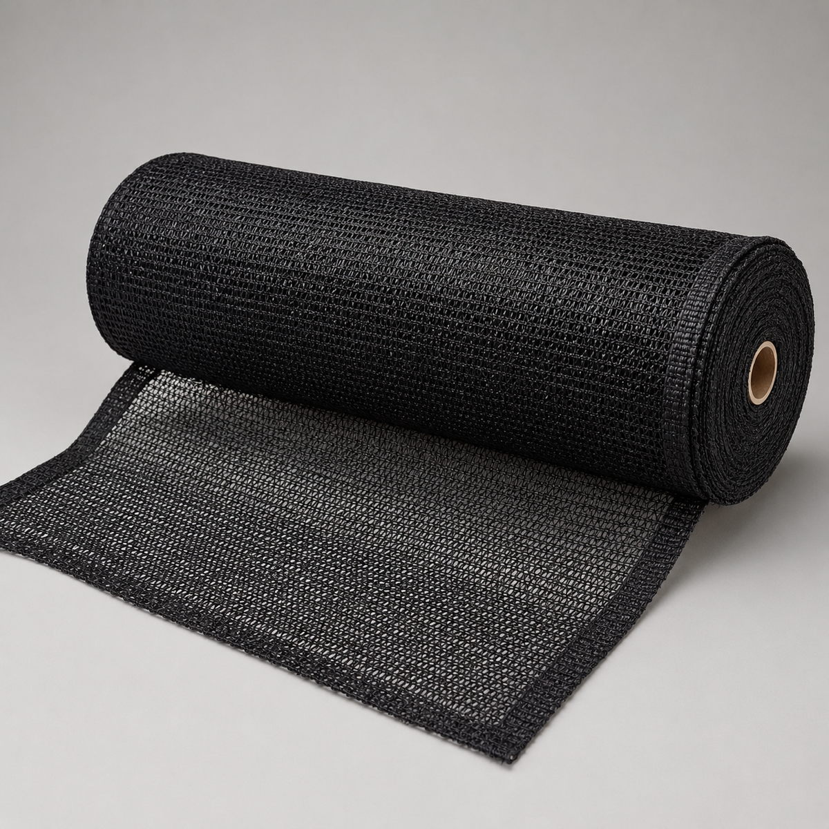 Black SC-050 knitted HDPE shade-net roll on a clean white background