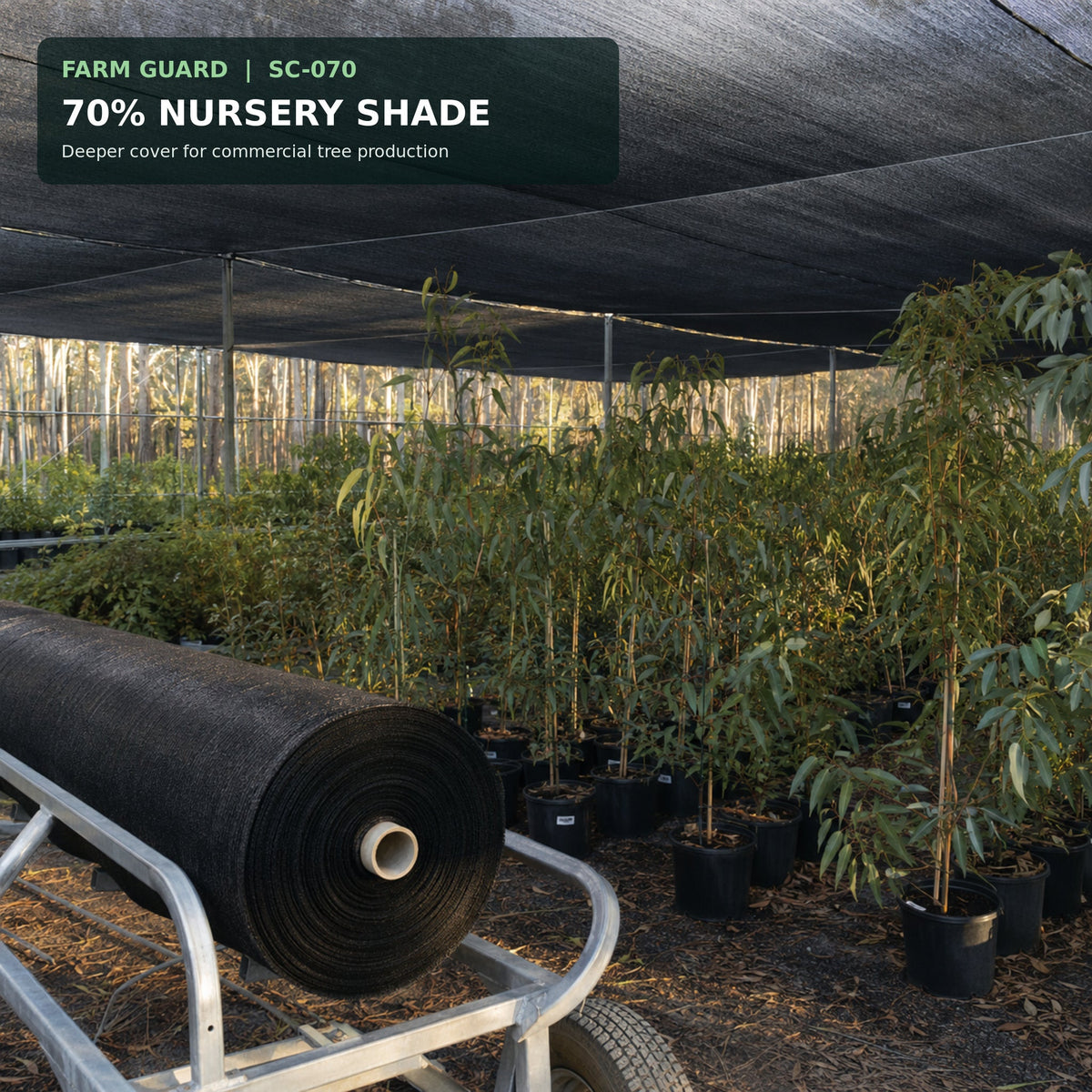 70% heavy-duty HDPE shade net installed over a nursery