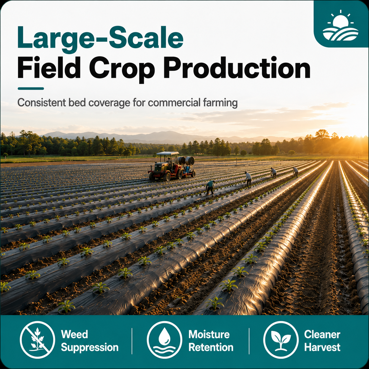 Large-scale field crop production using black agricultural mulch film for weed suppression and moisture retention
