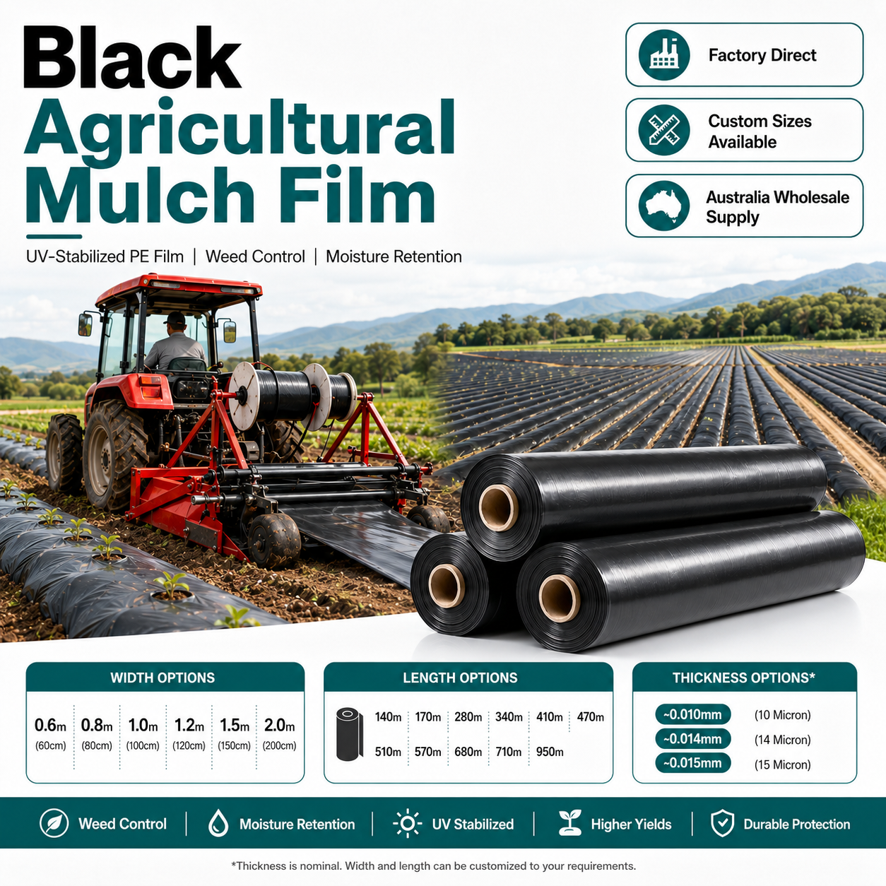 Black agricultural mulch film for Australian wholesale farming, orchards and row crops