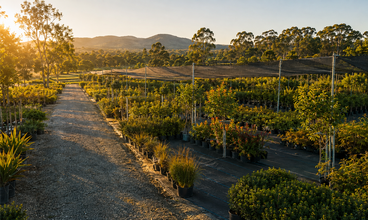 Australian plant nursery with orderly garden paths, ground cover and shade structures