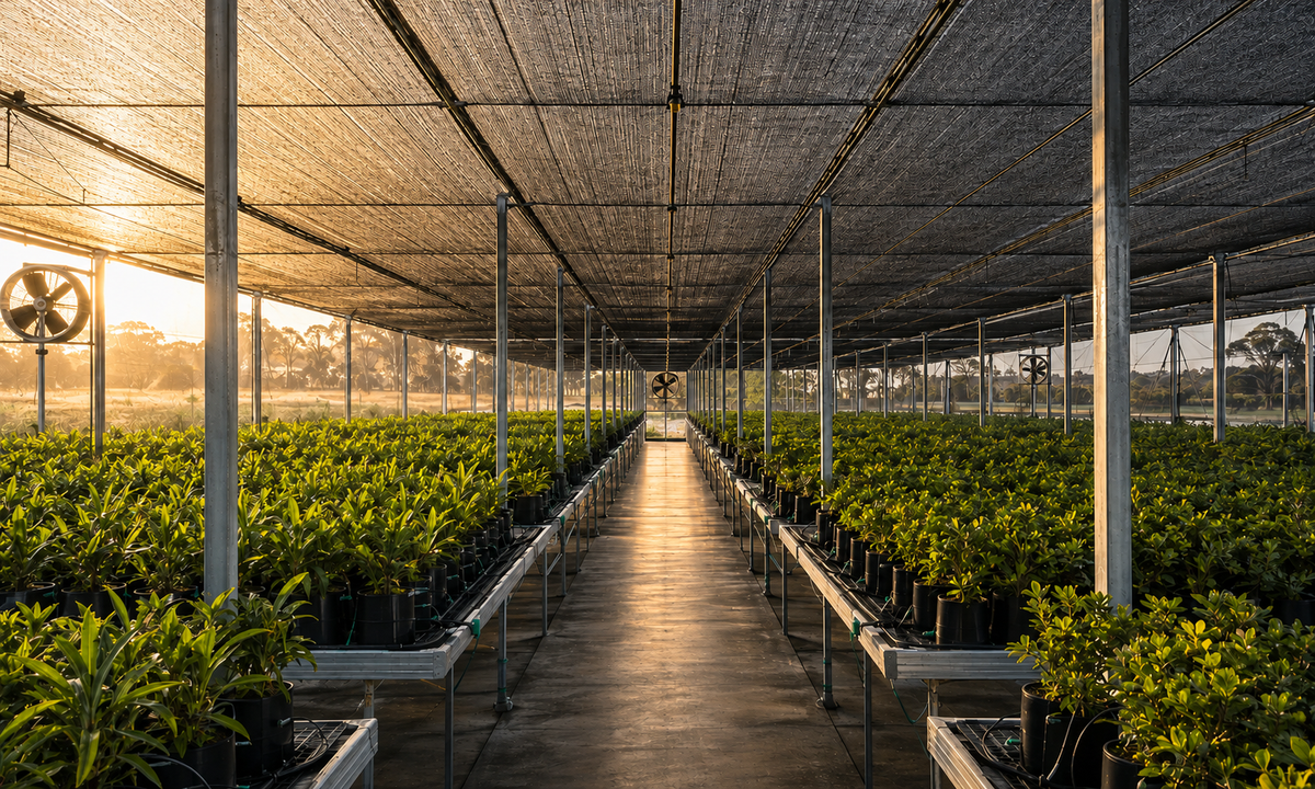Modern commercial greenhouse crops growing beneath tensioned black shade cloth