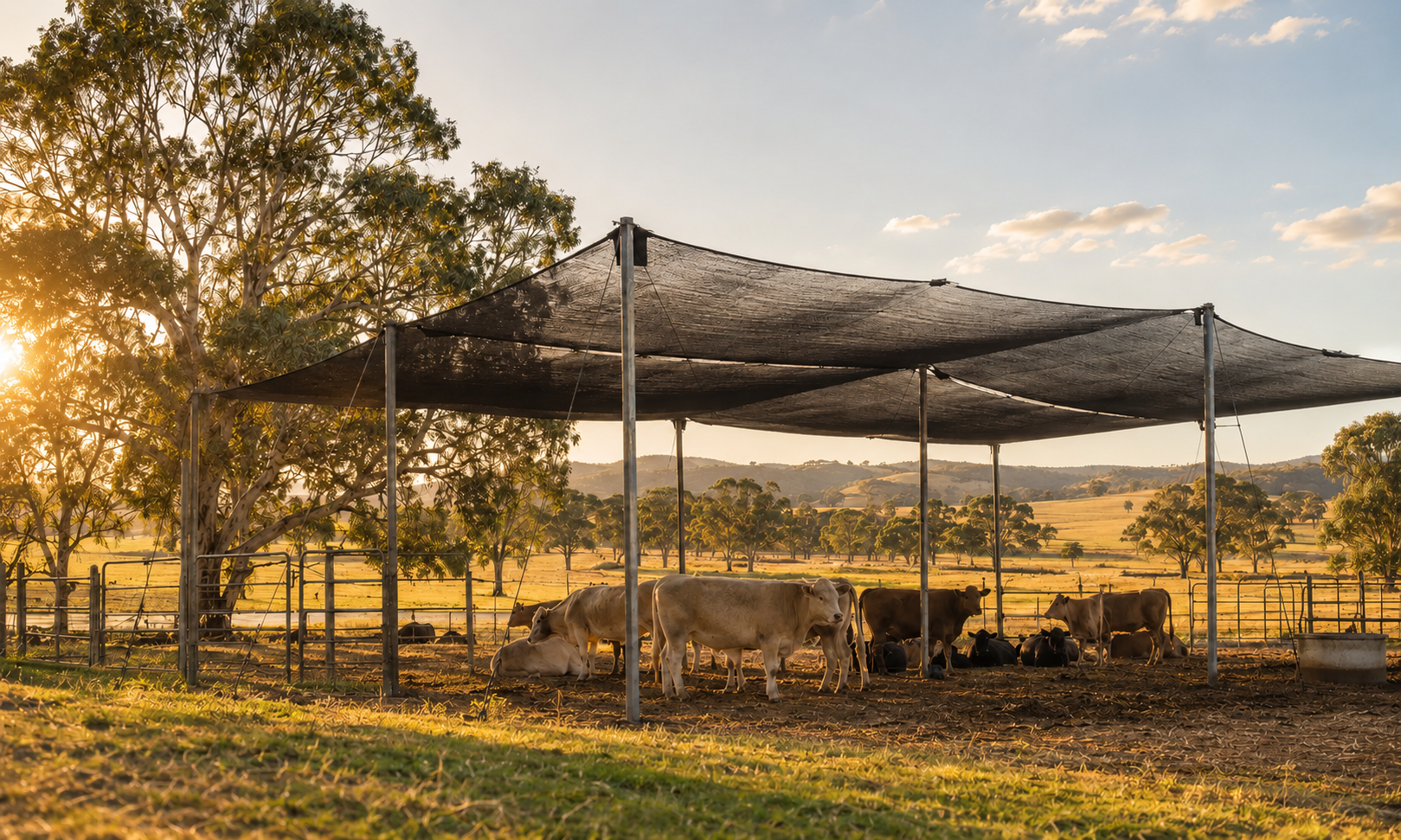 Australian cattle resting beneath a professionally tensioned agricultural shade canopy