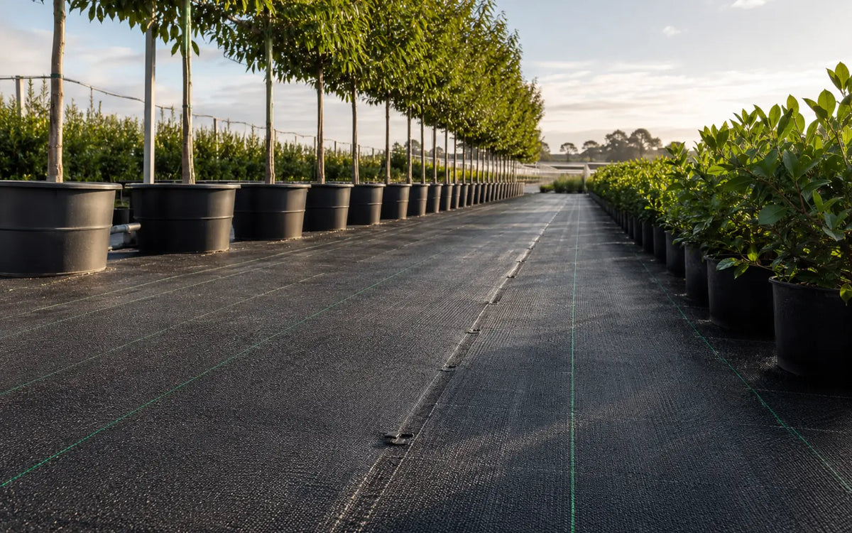 Woven ground cover installed in a commercial agricultural growing area