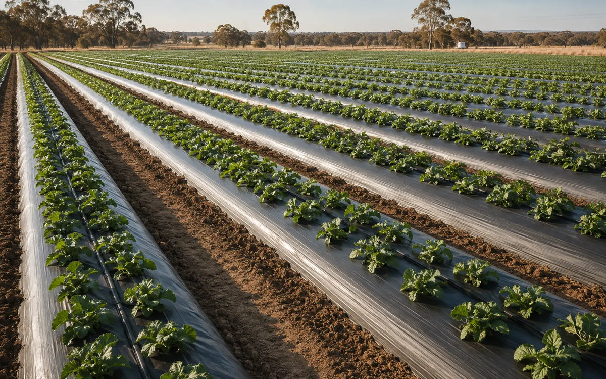 Agricultural mulch film installed on raised crop beds with drip irrigation