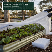 Installing lightweight white frost protection cloth over low hoops