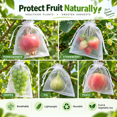 White fruit protection mesh bags used on pomegranate, strawberry, grapes, fig and peach.