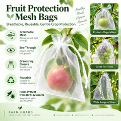 Fruit protection mesh bag feature graphic showing breathable mesh, drawstring closure and fruit and vegetable applications.