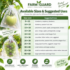 Fruit protection mesh bag size guide with listed centimetre sizes and suggested crop uses.