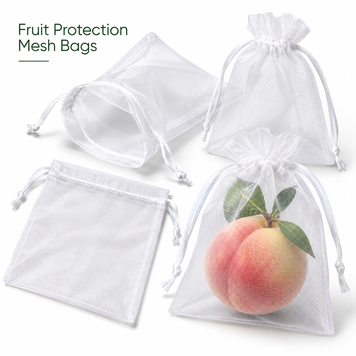 White drawstring fruit protection mesh bags shown on a clean white background.