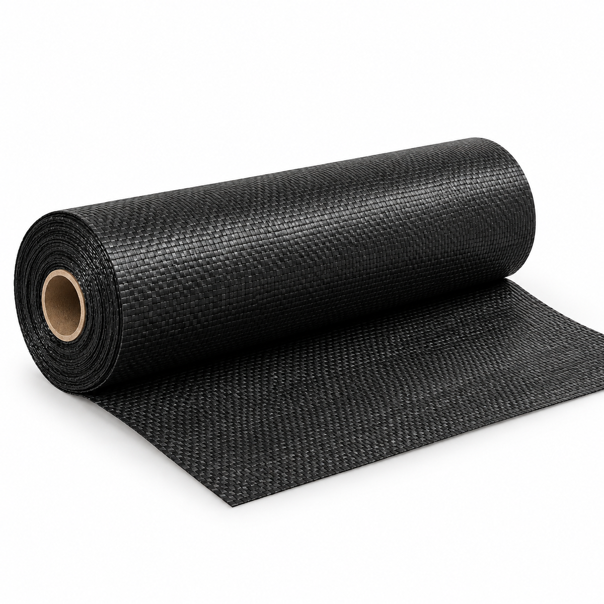 Black woven polypropylene ground cover roll on a clean white background.