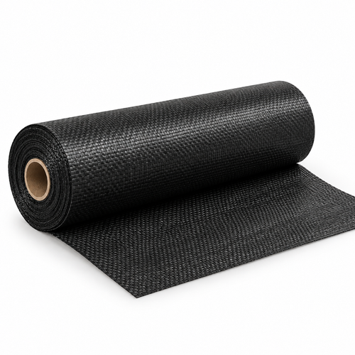 Black woven polypropylene ground cover roll on a clean white background.