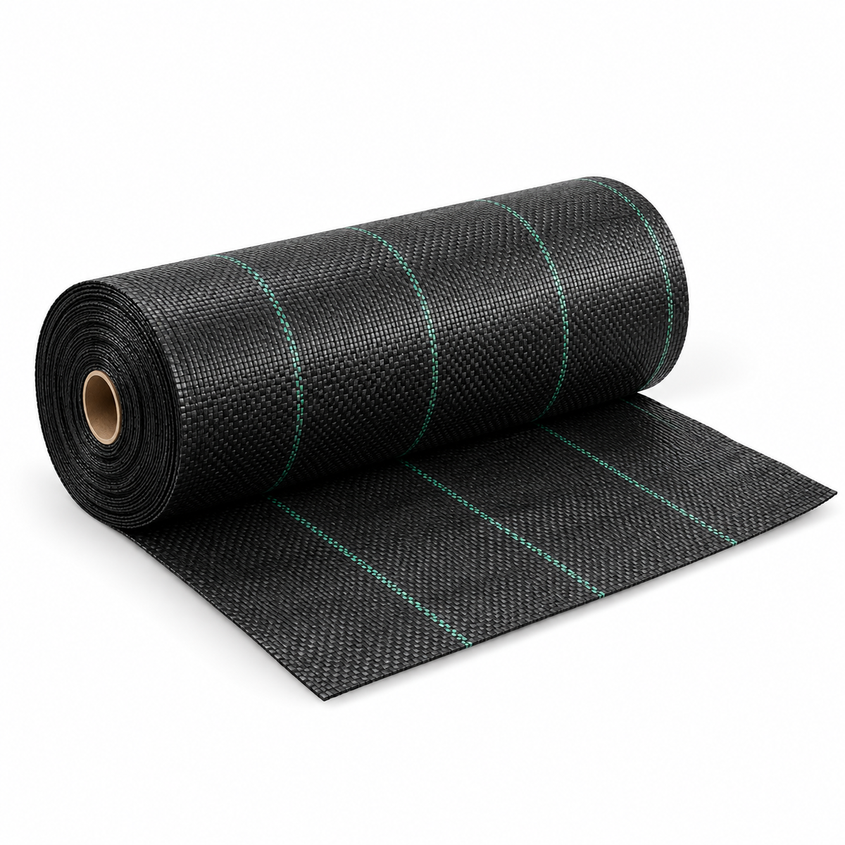Black heavy-duty woven polypropylene ground cover roll on a clean white background.