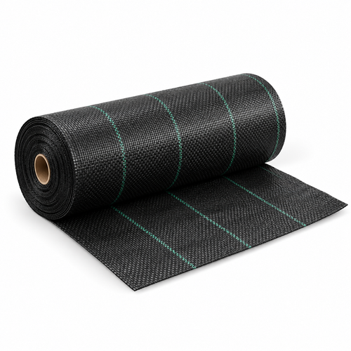 Black heavy-duty woven polypropylene ground cover roll on a clean white background.