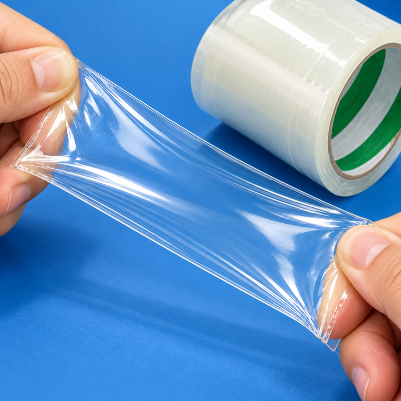 Clear greenhouse repair tape stretched by hand to show flexible film repair material.