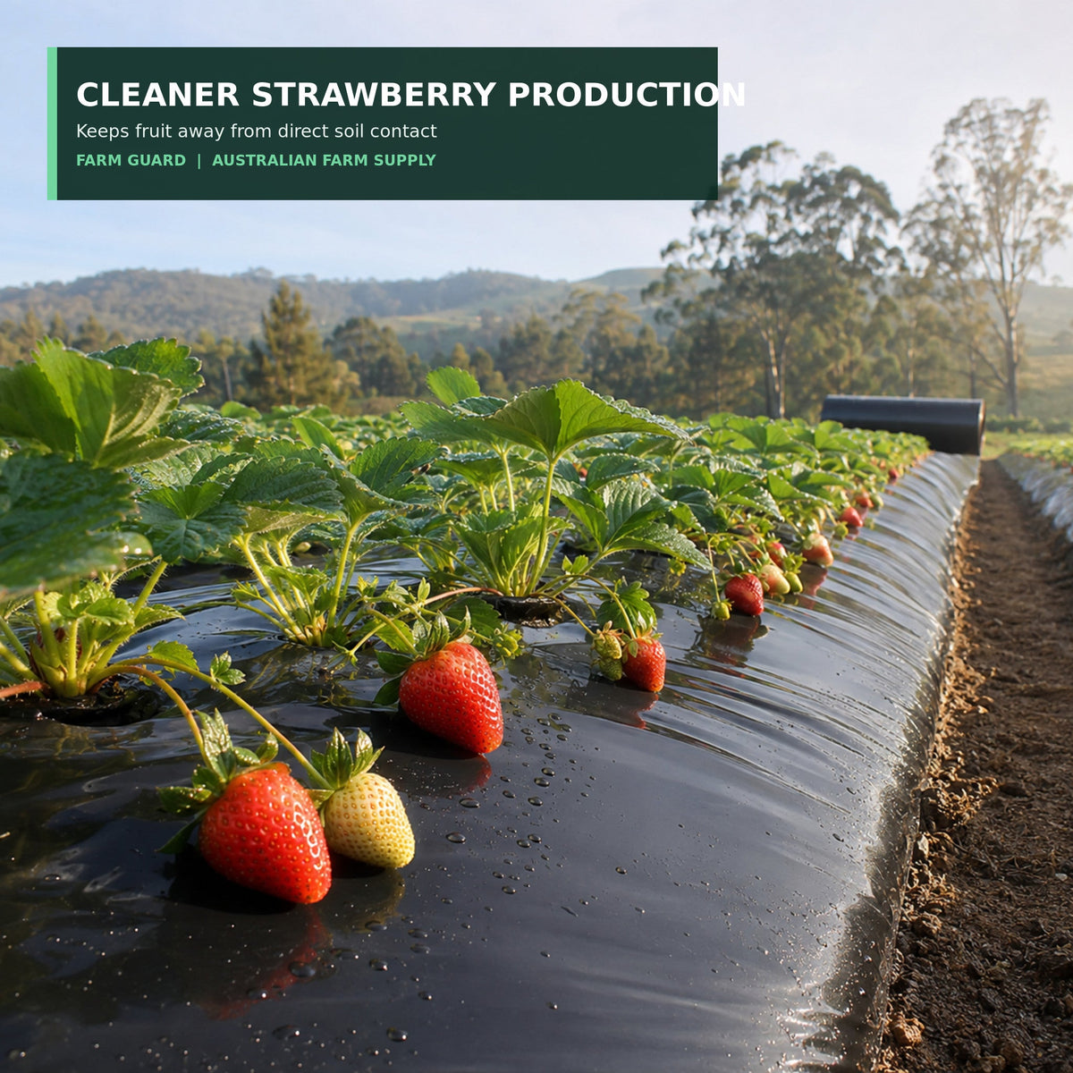 Black agricultural mulch film keeping strawberries clean above the soil