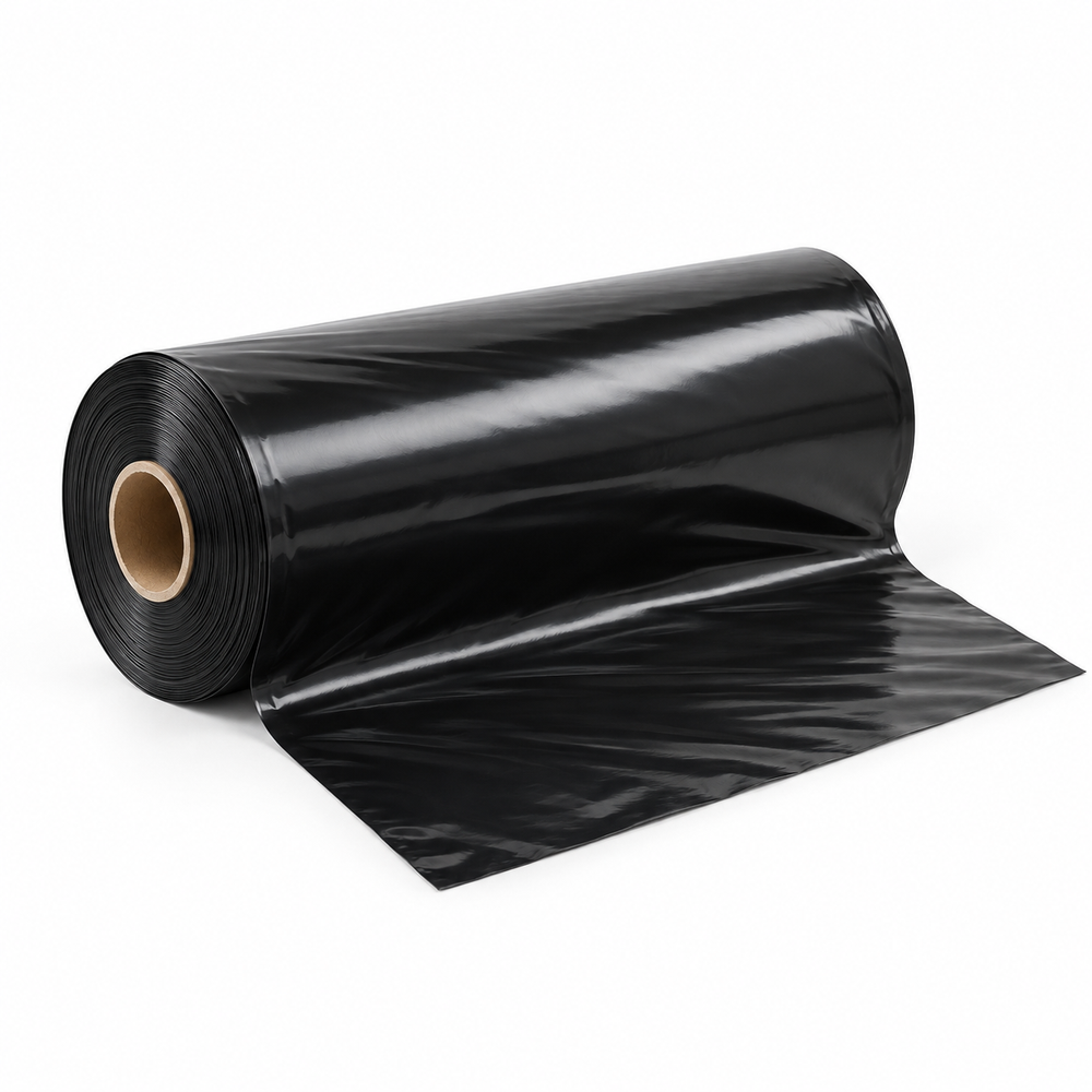 Black UV-stabilised PE agricultural mulch film roll and installed crop rows