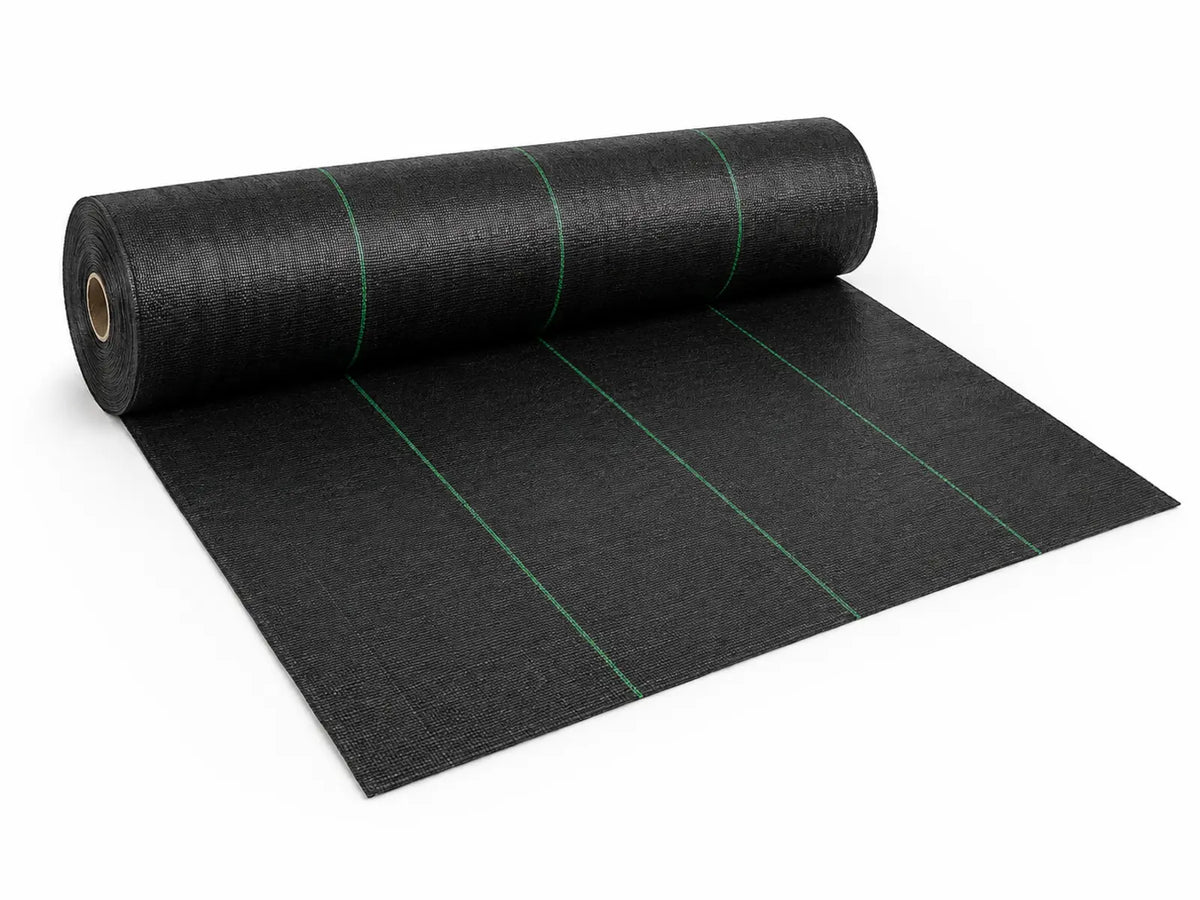 100 GSM black woven ground-cover roll with green guide lines on white