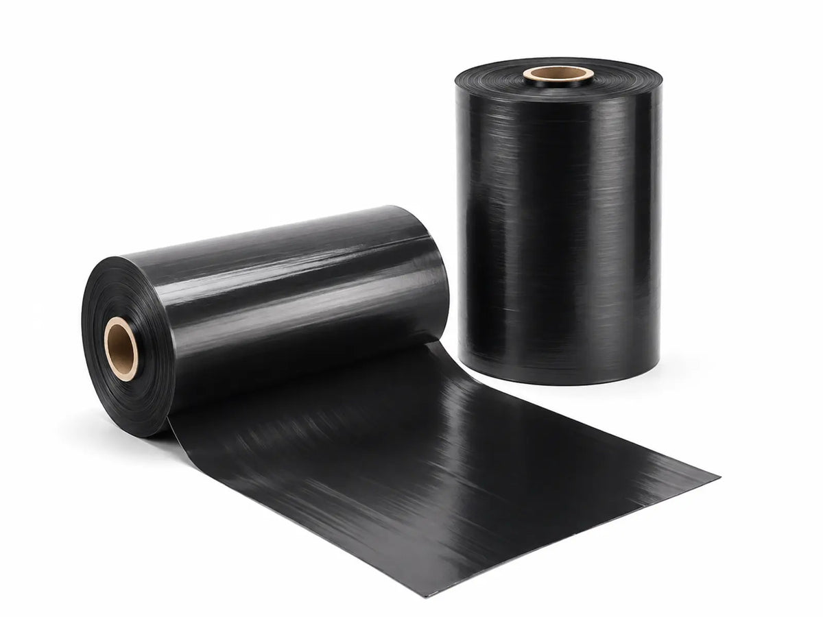 Black agricultural PE mulch-film rolls on a clean white background
